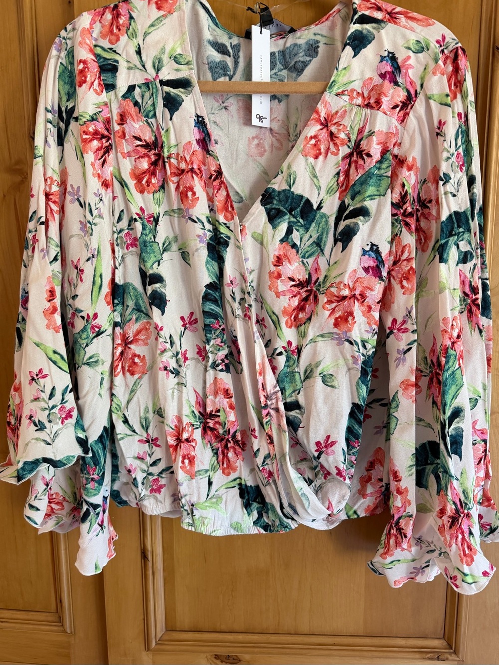 Sanctuary Cream Floral Wrap Blouse with Coral Blooms